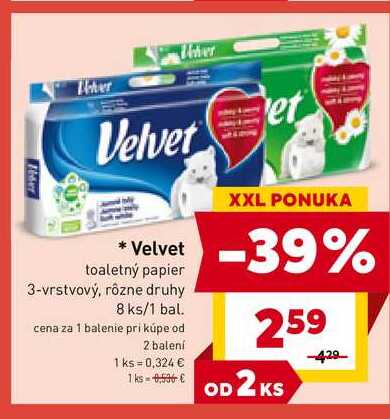 Velvet toaletný papier 3-vrstvový, rôzne druhy 8 ks/1 bal. 
