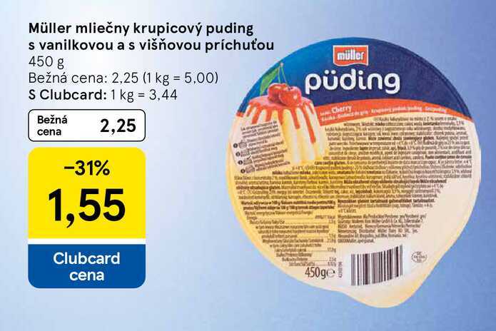Müller mliečny krupicový puding s vanilkovou a s višňovou príchuťou 450 g