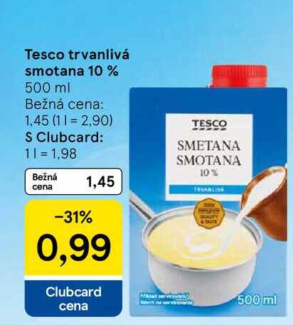 Tesco trvanlivá smotana 10 % 500 ml