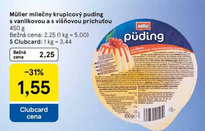 Müller mliečny krupicový puding s vanilkovou a s višňovou príchuťou 450 g 
