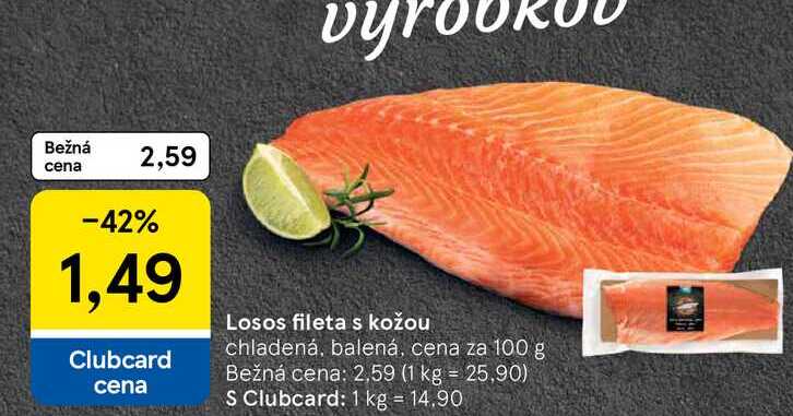 Losos fileta s kožou chladená, balená, cena za 100 g 