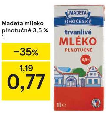 Madeta mlieko plnotučné 3,5%, 1 l