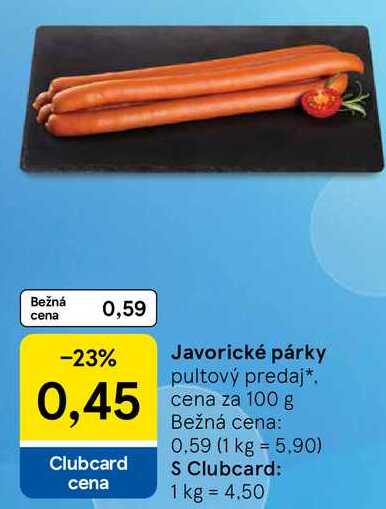 Javorické párky, cena za 100 g 