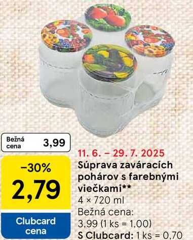Súprava zaváracích pohárov s farebnými viečkami, 4x 720 ml 
