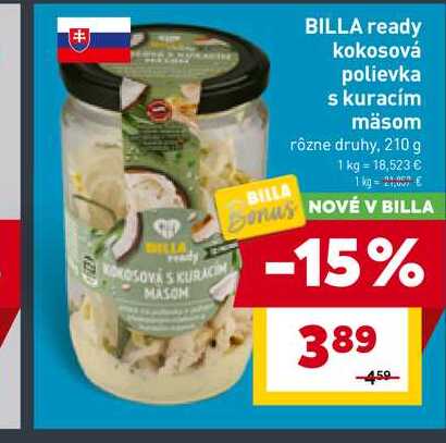 BILLA ready kokosová polievka s kuracím mäsom rôzne druhy, 210 g