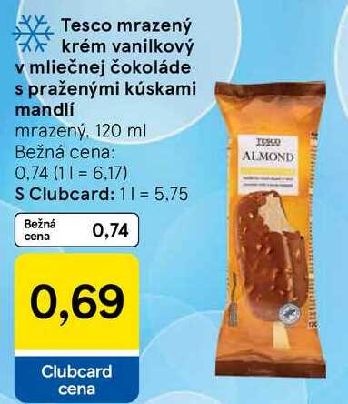 Tesco mrazený krém vanilkový v mliečnej čokoláde s praženými kúskami mandlí, 120 ml 
