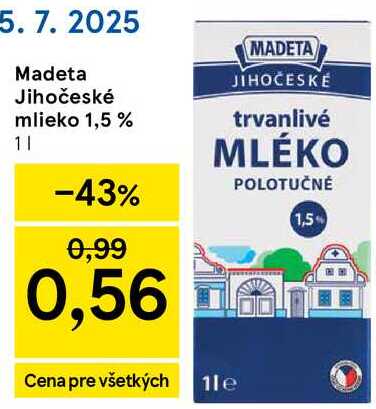 Madeta Jihočeské mlieko 1,5 %, 1 l