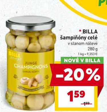 BILLA šampiňóny celé v slanom náleve 280 g