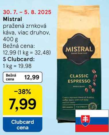 Mistral pražená zrnková káva, 400 g 