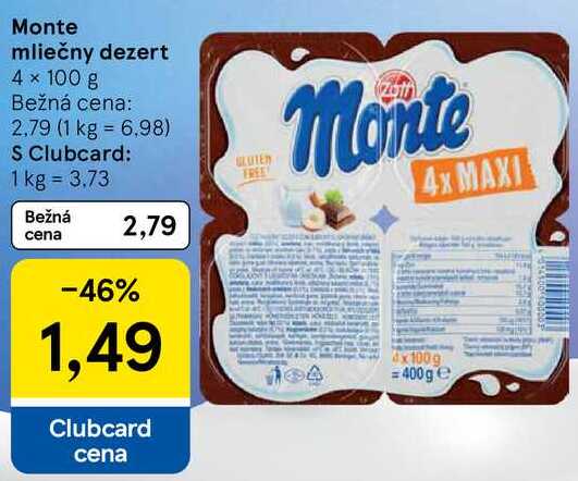 Monte mliečny dezert, 4x 100 g 
