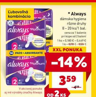 Always dámska hygiena rôzne druhy 8 - 20ks/1 bal. 