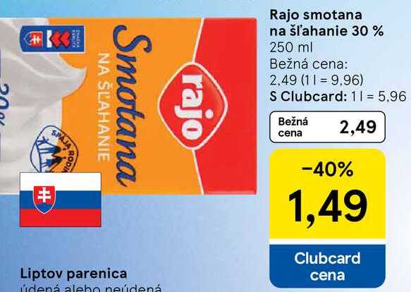 Rajo smotana na šľahanie 30 %, 250 ml 