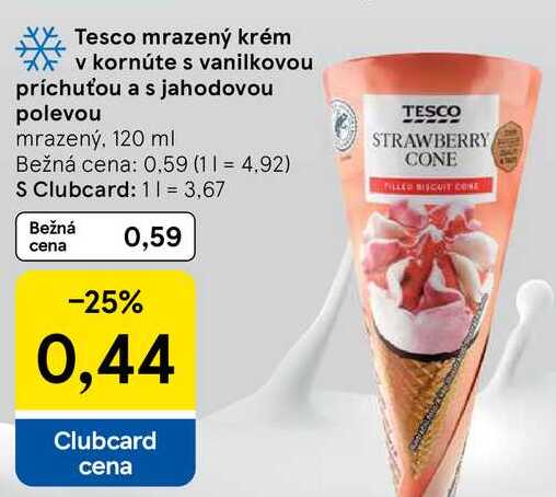 Tesco mrazený krém v kornúte s vanilkovou príchuťou a s jahodovou polevou, 120 ml 