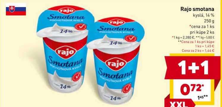 Rajo smotana kyslá, 14% 250 g  v akcii