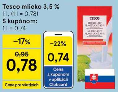 Tesco mlieko 3,5 %, 1 l