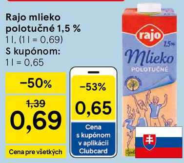 Rajo mlieko polotučné 1,5 %, 1 l