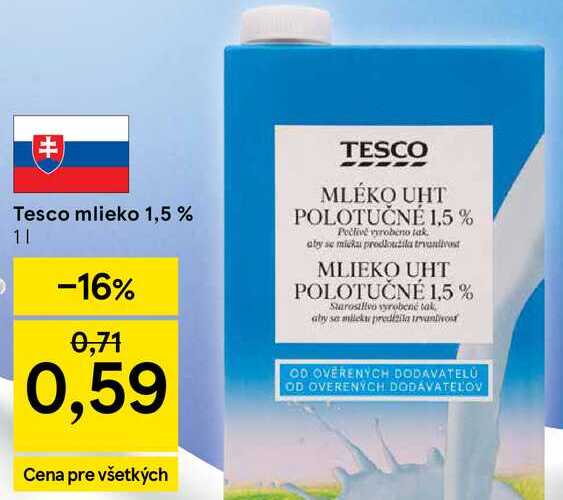 Tesco mlieko 1,5 %, 1 l