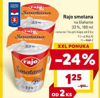 Rajo smotana na šľahanie 33%, 180 ml 