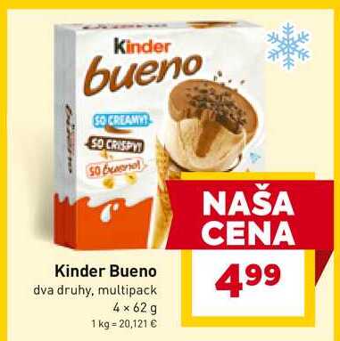 Kinder Bueno dva druhy, multipack 4 x 62 g