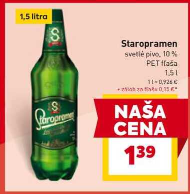 Staropramen svetlé pivo, 10% PET fľaša 1,5L 