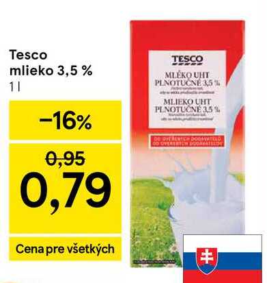 Tesco mlieko 3,5 %, 1 l v akcii