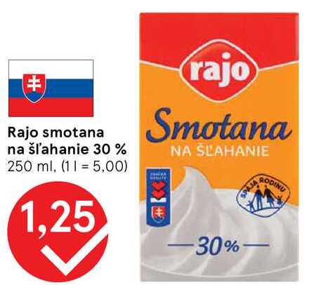 Rajo smotana na šľahanie 30%, 250 ml