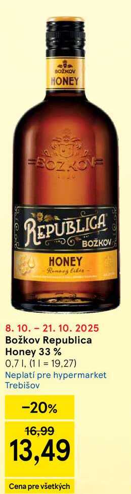 Božkov Republica Honey 33%, 0,7 l