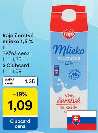 Rajo čerstvé mlieko 1,5%, 1 l