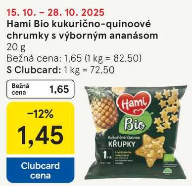 Hami Bio kukurično-quinoové chrumky s výborným ananásom, 20 g 
