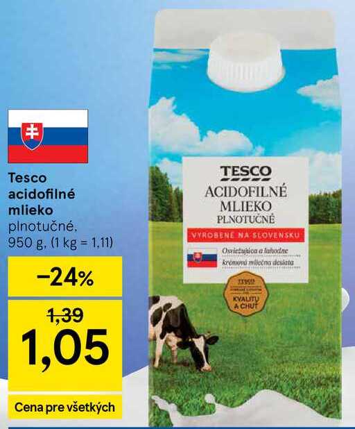 Tesco acidofilné mlieko, 950 g