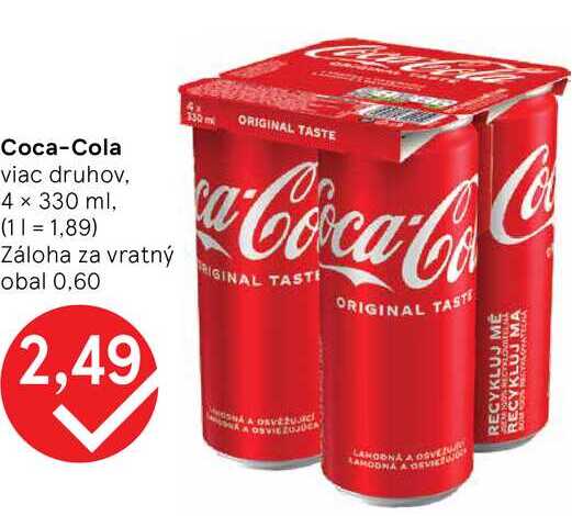 Coca-Cola 4 x 330 ml plechovky, vybrané druhy