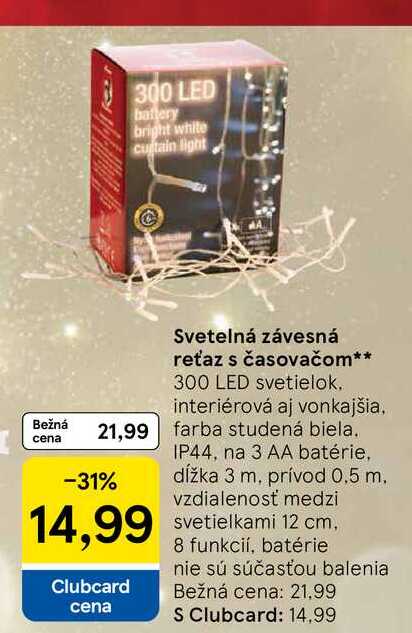 Svetelná závesná reťaz s časovačom 300 LED svetielok
