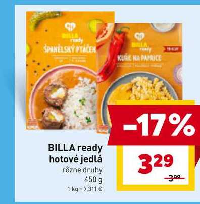 BILLA ready hotové jedlá rôzne druhy 450 g