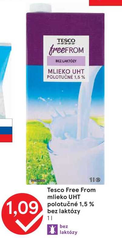 Tesco Free From mlieko UHT polotučné 1,5 % bez laktózy 1l