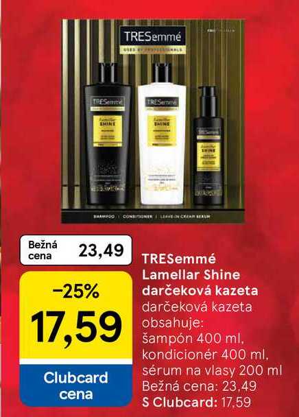 TRESemmé Lamellar Shine darčeková kazeta darčeková kazeta obsahuje: šampón 400 ml kondicionér 400 ml sérum na vlasy 200 ml 