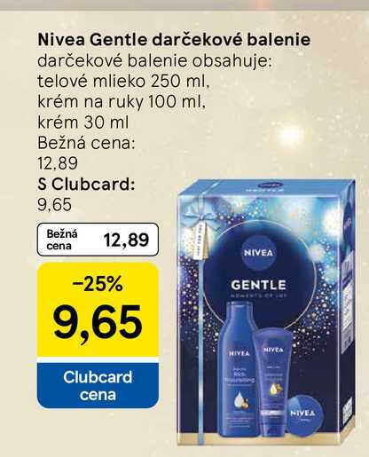 Nivea Gentle darčekové balenie obsahuje: telové mlieko 250 ml, krém na ruky 100 ml, krém 30 ml