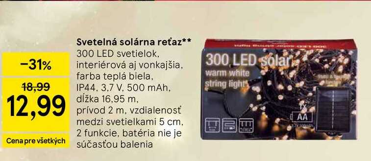 Svetelná solárna reťaz 300 LED svetielok, interiérová aj vonkajšia farba teplá biela