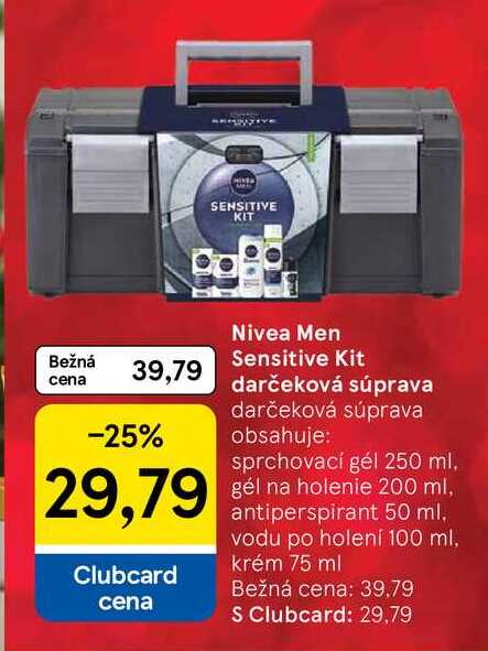 Nivea Men Sensitive Kit darčeková súprava obsahuje: sprchovací gél 250 ml, gél na holenie 200 ml, antiperspirant 50 ml, vodu po holení 100 ml, krém 75 ml
