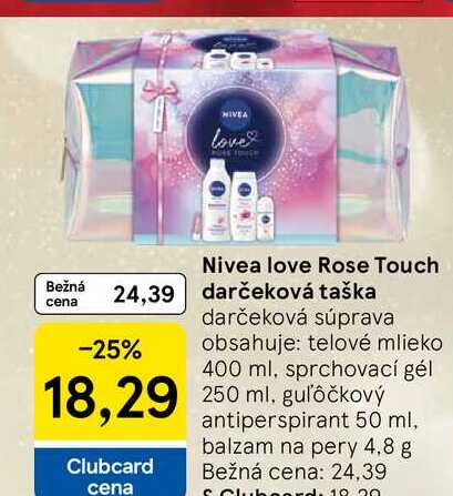 Nivea love Rose Touch darčeková taška. darčeková súprava obsahuje: telové mlieko 400 ml, sprchovací gél 250 ml, guľôčkový antiperspirant 50 ml, balzam na pery 4,8 g