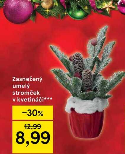 Zasnežený umelý stromček v kvetináči