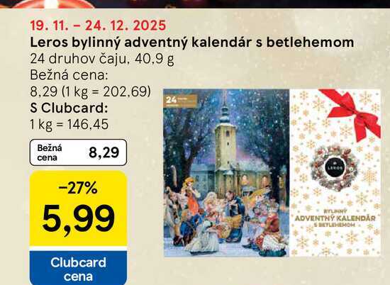 Leros bylinný adventný kalendár s betlehemom 24 druhov čaju, 40,9 g