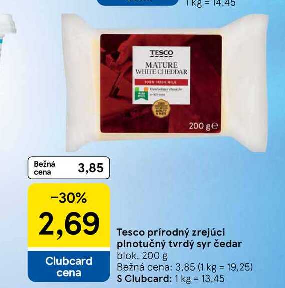 Tesco prírodný zrejúci plnotučný tvrdý syr čedar blok, 200 g 