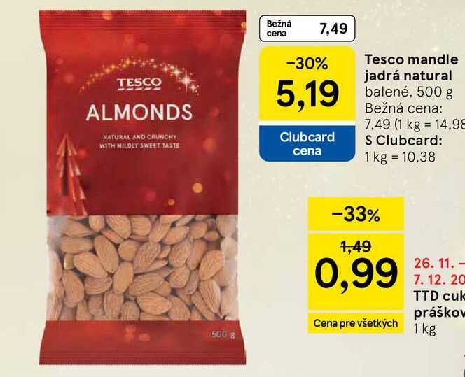 Tesco mandle jadrá natural balené, 500 g 