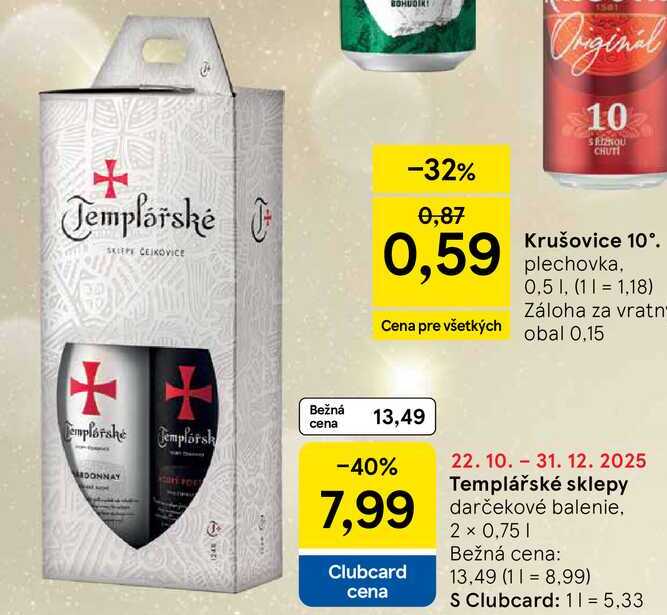 Templářské sklepy darčekové balenie. 2 x 0.75l