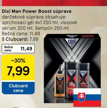 Dixi Man Power Boost darčeková súprava obsahuje: sprchovací gél 4v1 250 ml, vlasové sérum 200 ml, šampón 250 ml