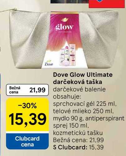 Dove Glow Ultimate darčeková taška obsahuje:  sprchovací gél 225 ml, telové mlieko 250 ml, mydlo 90g, antiperspirant sprej 150ml, kozmetickú tašku 