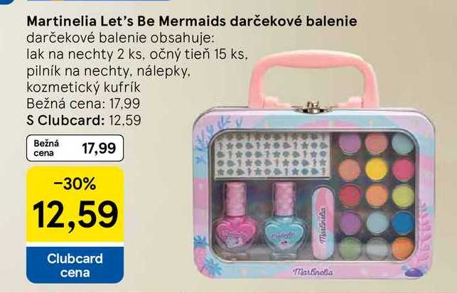Martinelia Let's Be Mermaids darčekové balenie obsahuje: lak na nechty 2 ks, očný tieň 15 ks, pilník na nechty, nálepky, kozmetický kufrík