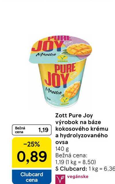 Zott Pure Joy výrobok na báze kokosového krému a hydrolyzovaného ovsa 140 g 