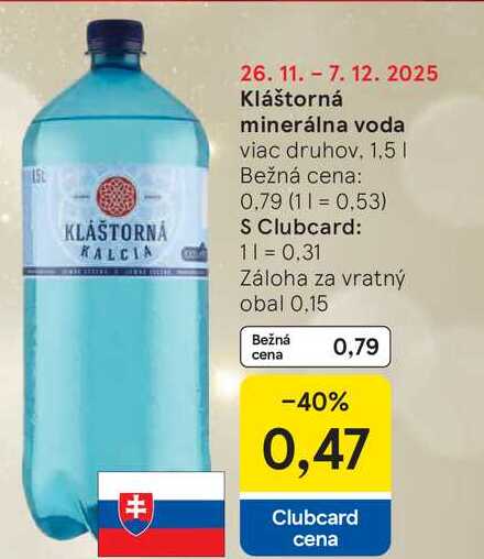 Kláštorná minerálna voda viac druhov. 1,5l