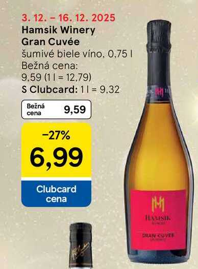 Hamsik Winery Gran Cuvée šumivé biele víno. 0,75l